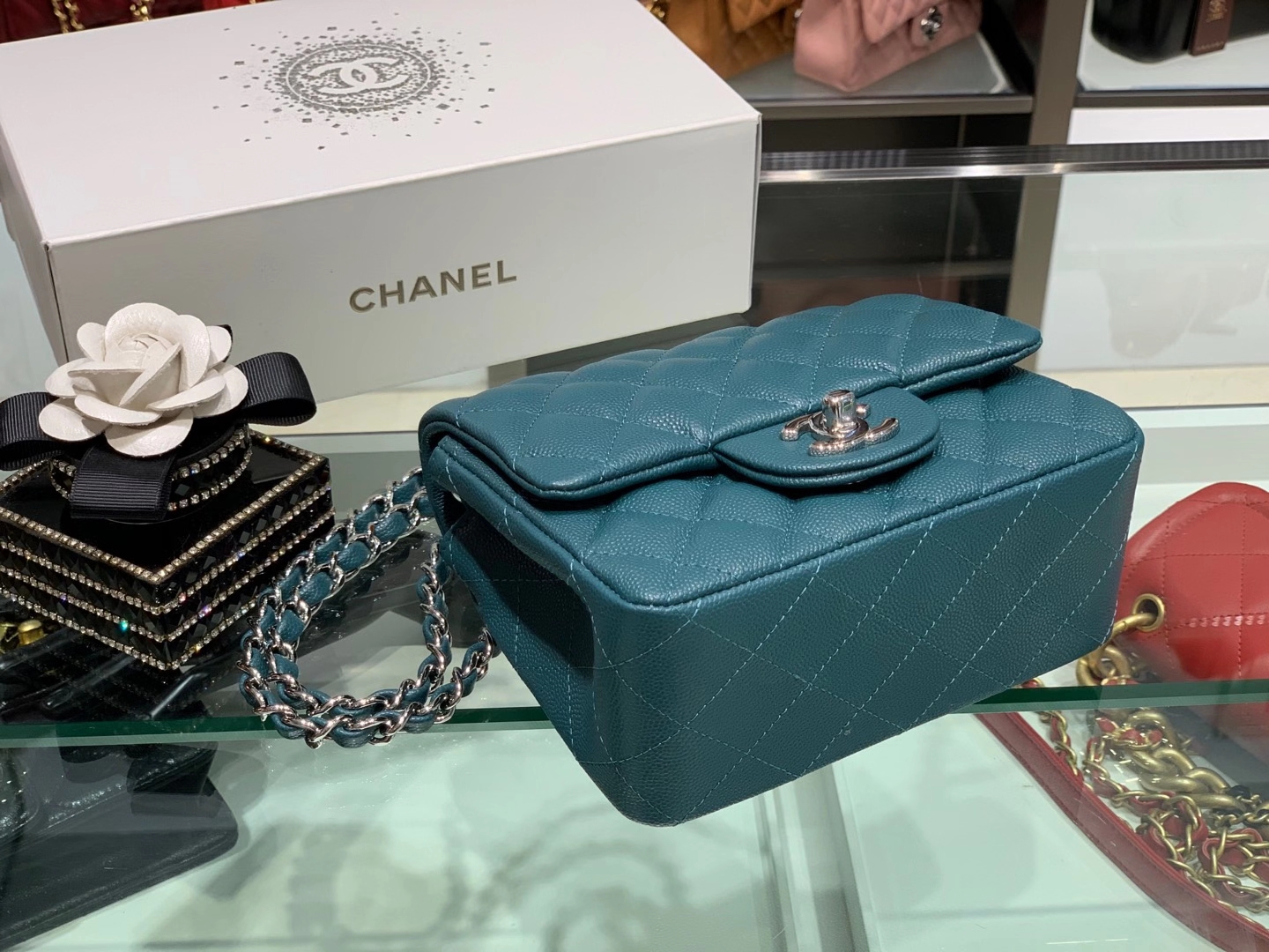 Chanel（香奈儿）最火 cf 链条包 靛青色 方胖子 细球纹 银扣 银链 17cm