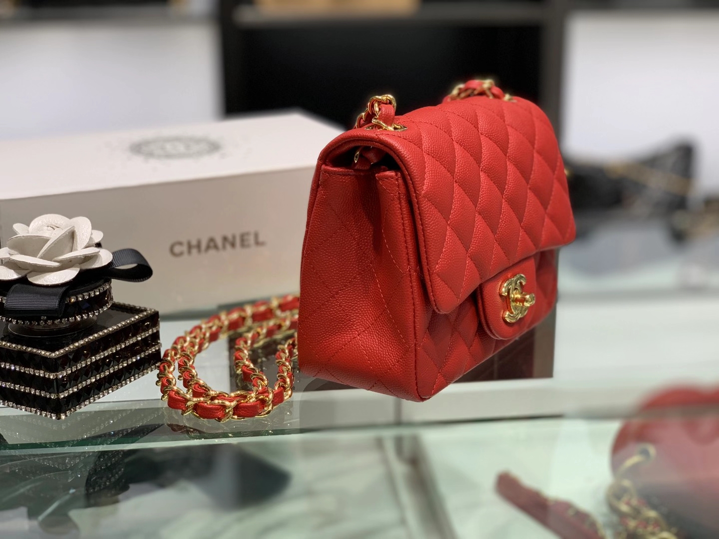 Chanel（香奈儿）最火 cf 链条包 红色 方胖子 细球纹 金扣 金链 17cm