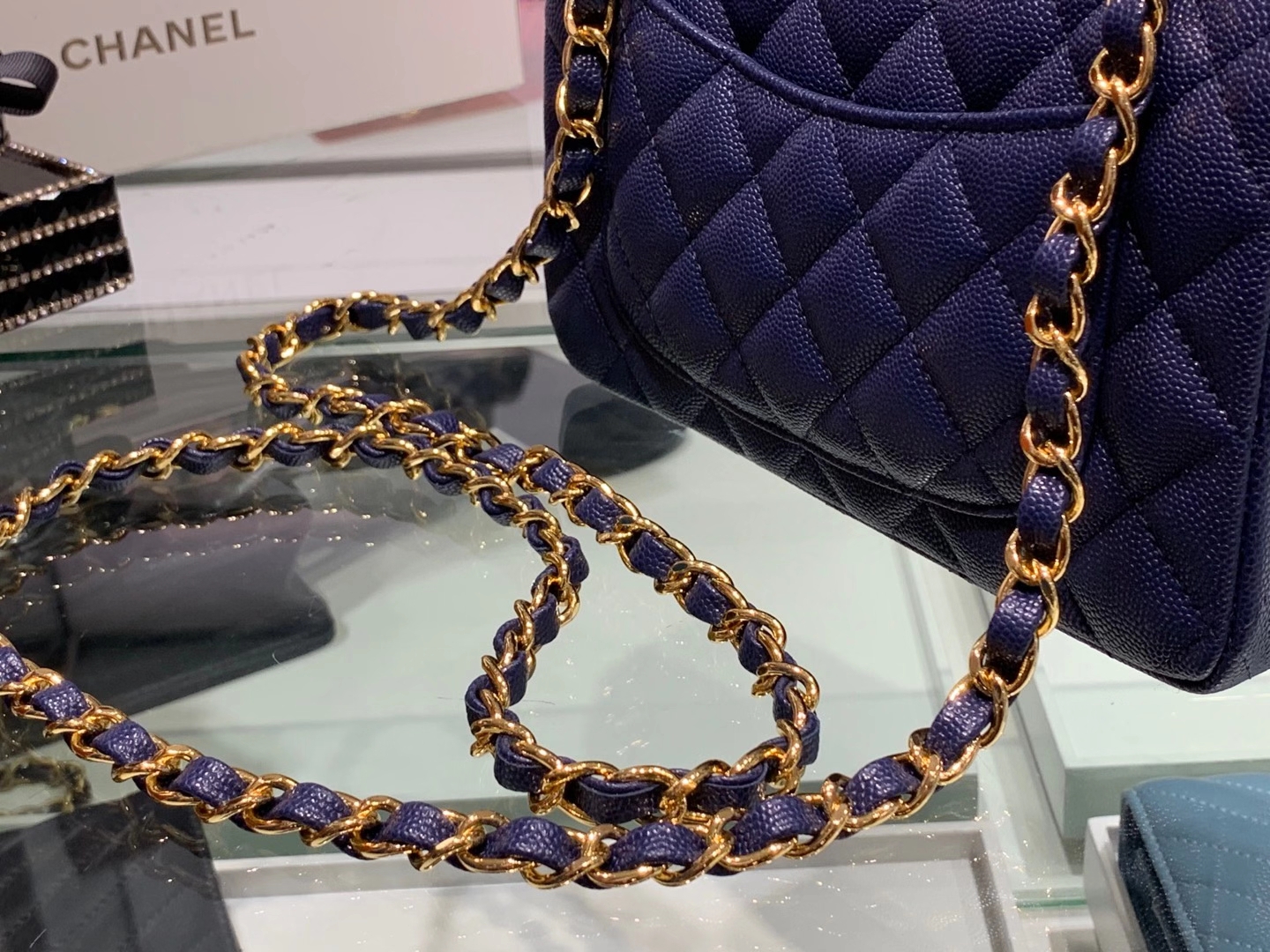 Chanel（香奈儿）cf 链条包 经典口盖包 细球纹 深海蓝 金扣 金链 20cm