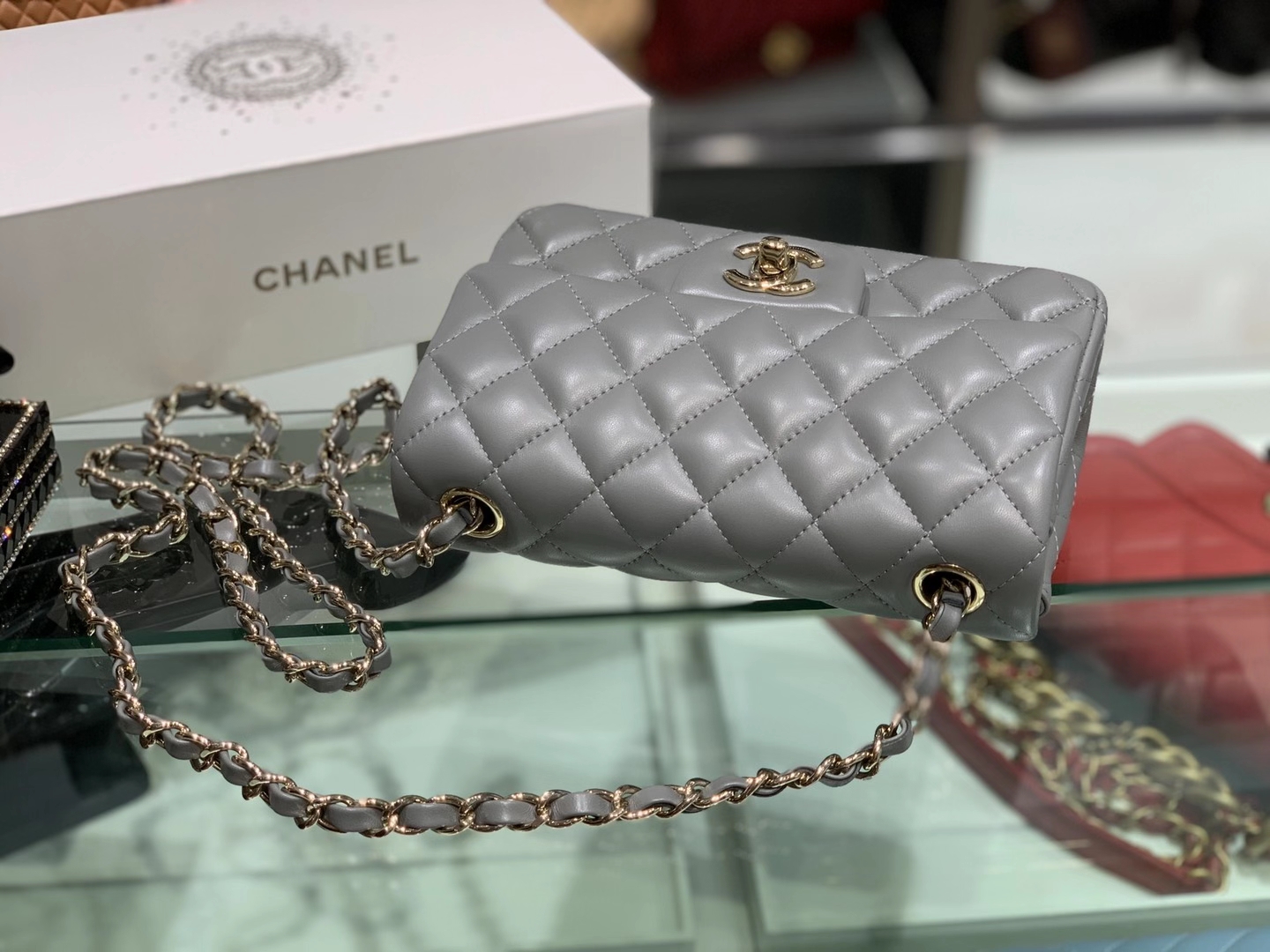Chanel（香奈儿）cf 链条包 锡器灰 羊皮 菱格包 金扣 金链 20cm