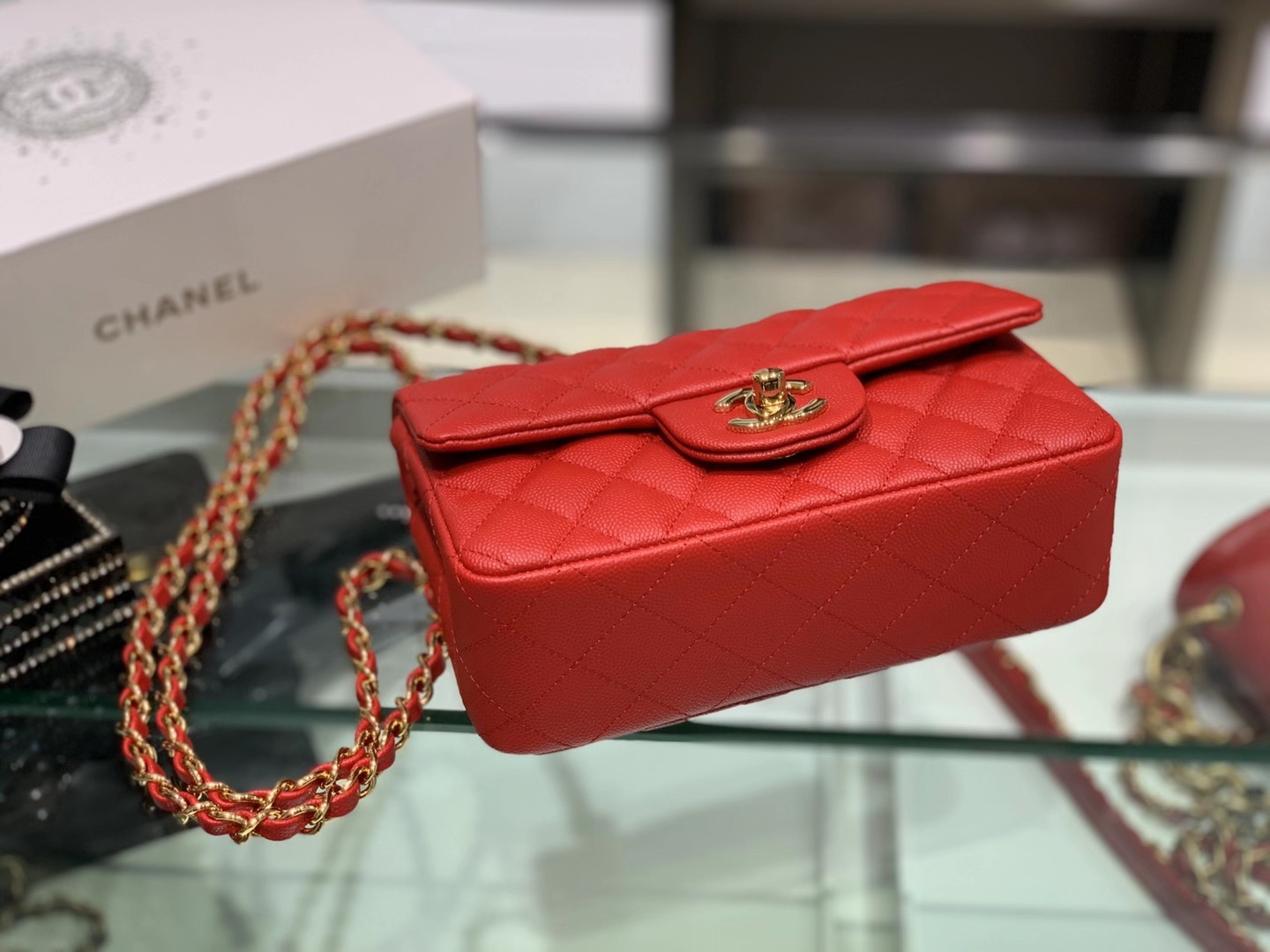 Chanel（香奈儿）cf 链条包 经典口盖包 细球纹 大红色 金扣 金链 20cm
