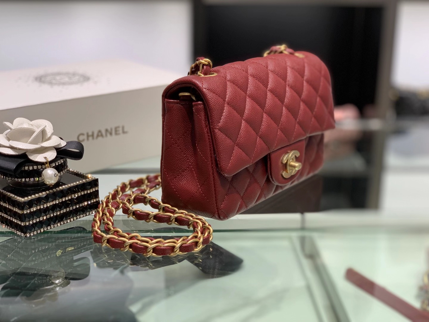 Chanel（香奈儿）cf 链条包 经典口盖包 细球纹 酒红色 金扣 金链 20cm