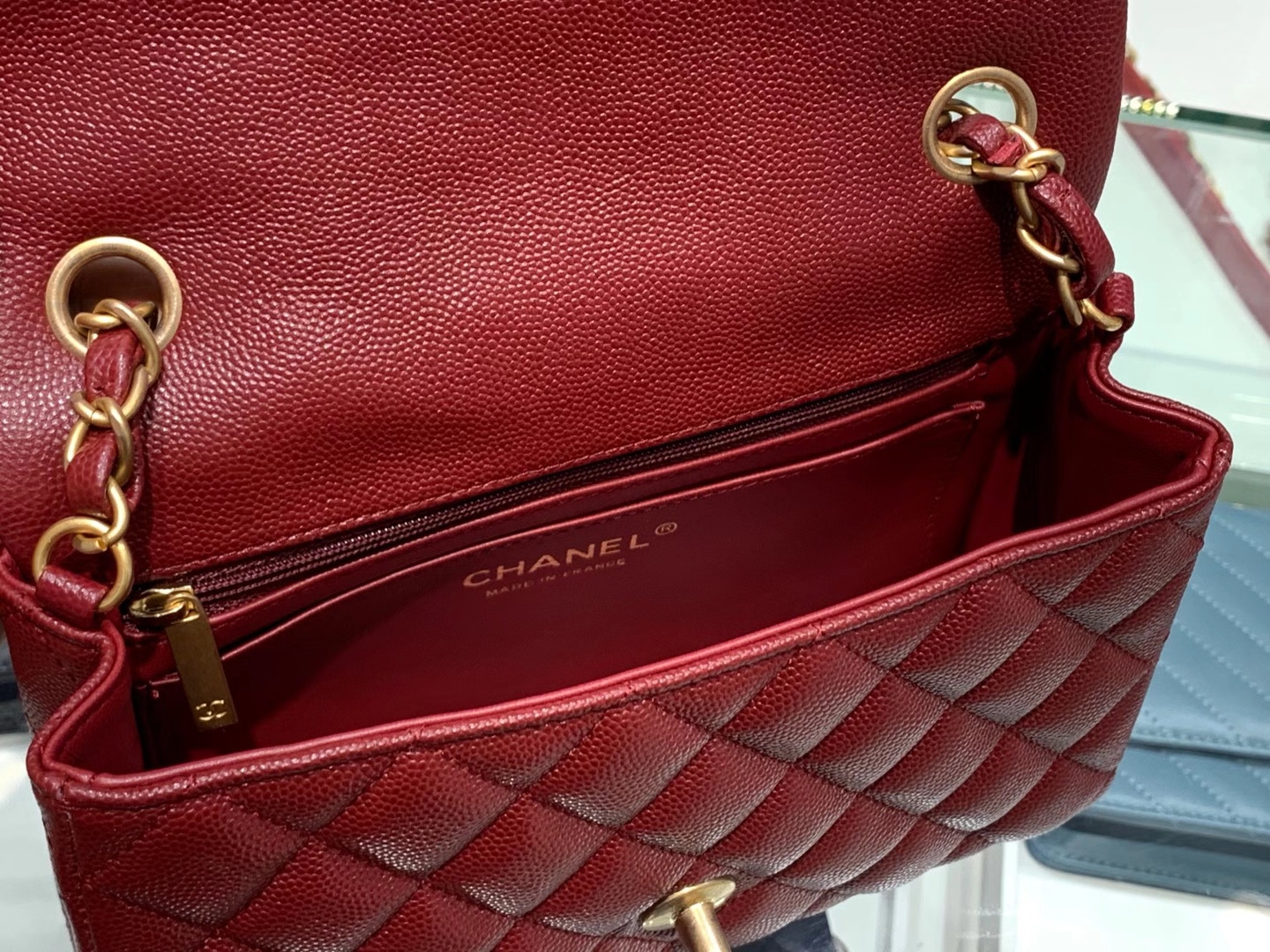 Chanel（香奈儿）cf 链条包 经典口盖包 细球纹 酒红色 金扣 金链 20cm