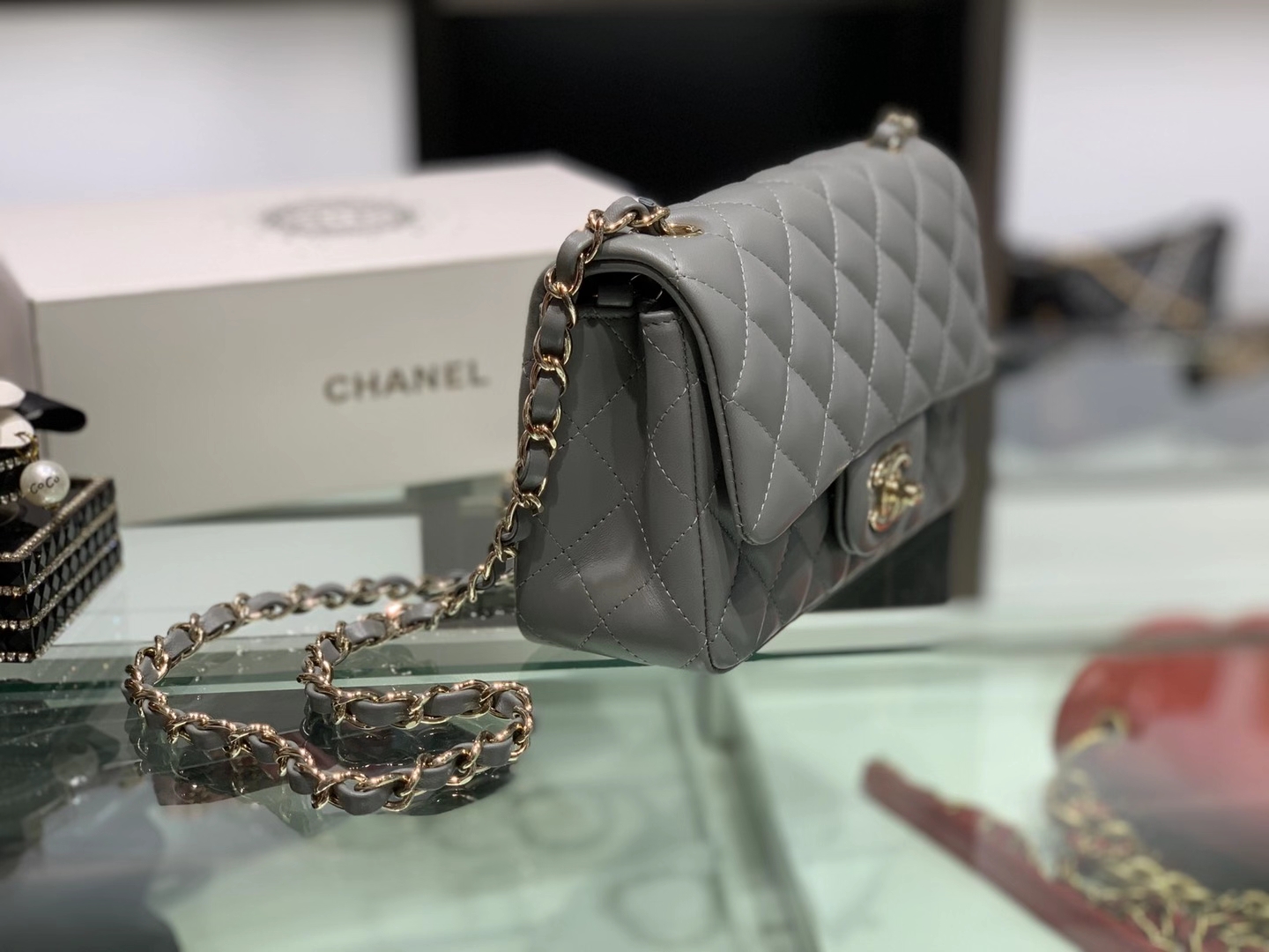 Chanel（香奈儿）cf 链条包 锡器灰 羊皮 菱格包 金扣 金链 20cm