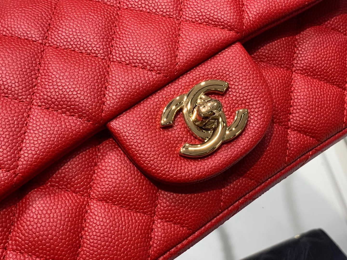 Chanel（香奈儿）cf 链条包 经典口盖包 细球纹 大红色 金扣 金链 20cm
