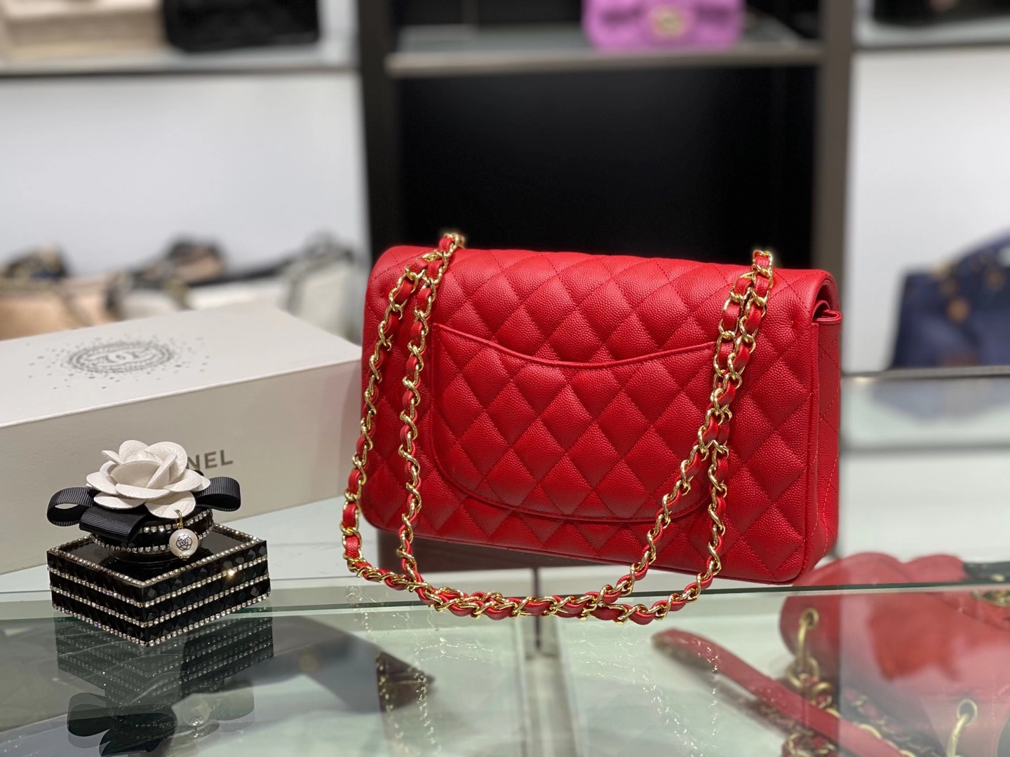 Chanel（香奈儿）cf 链条包 中号 经典口盖包 中国红 银扣 银链 25cm