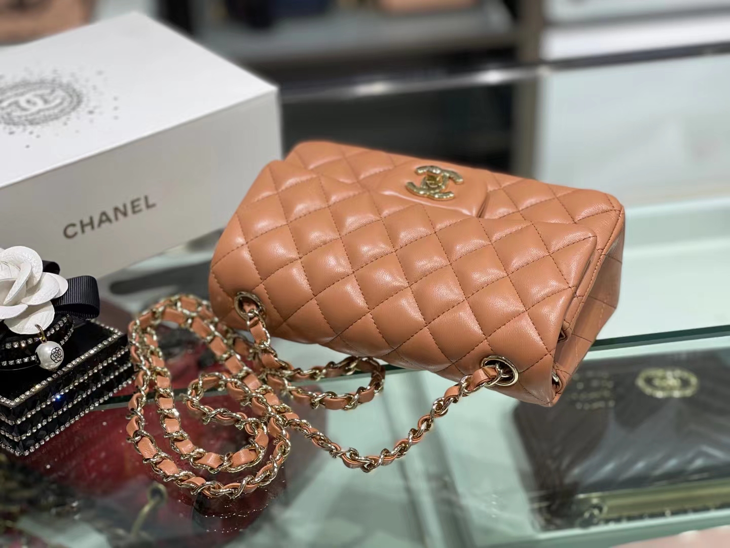 Chanel（香奈儿）Ohanel CF 链条包 棕橙色 金链 金扣 20cm