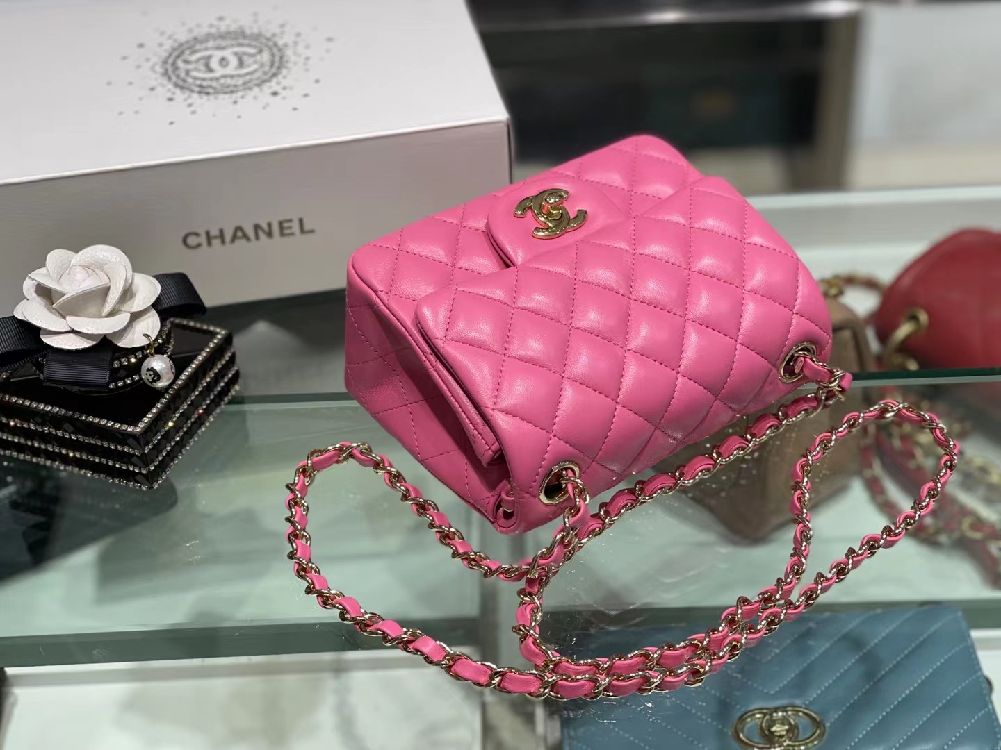 Chanel（香奈儿）Ohanel CF 链条包 玫红色 金链 金扣 17cm