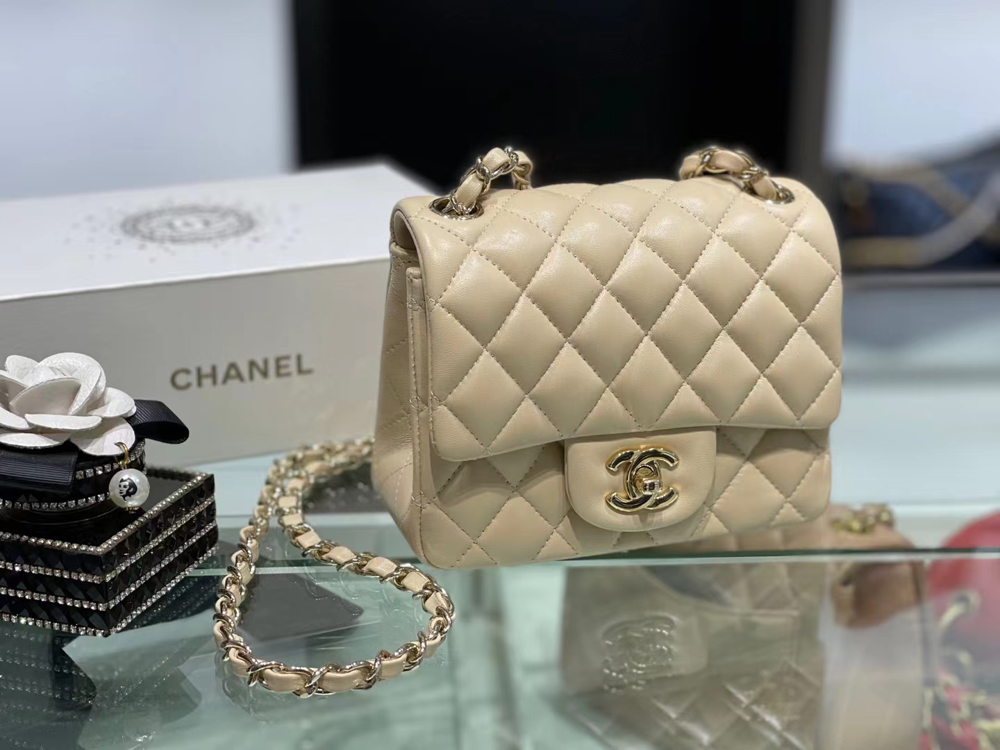 Chanel（香奈儿）Ohanel CF 链条包 米黄色 金链 金扣 17cm