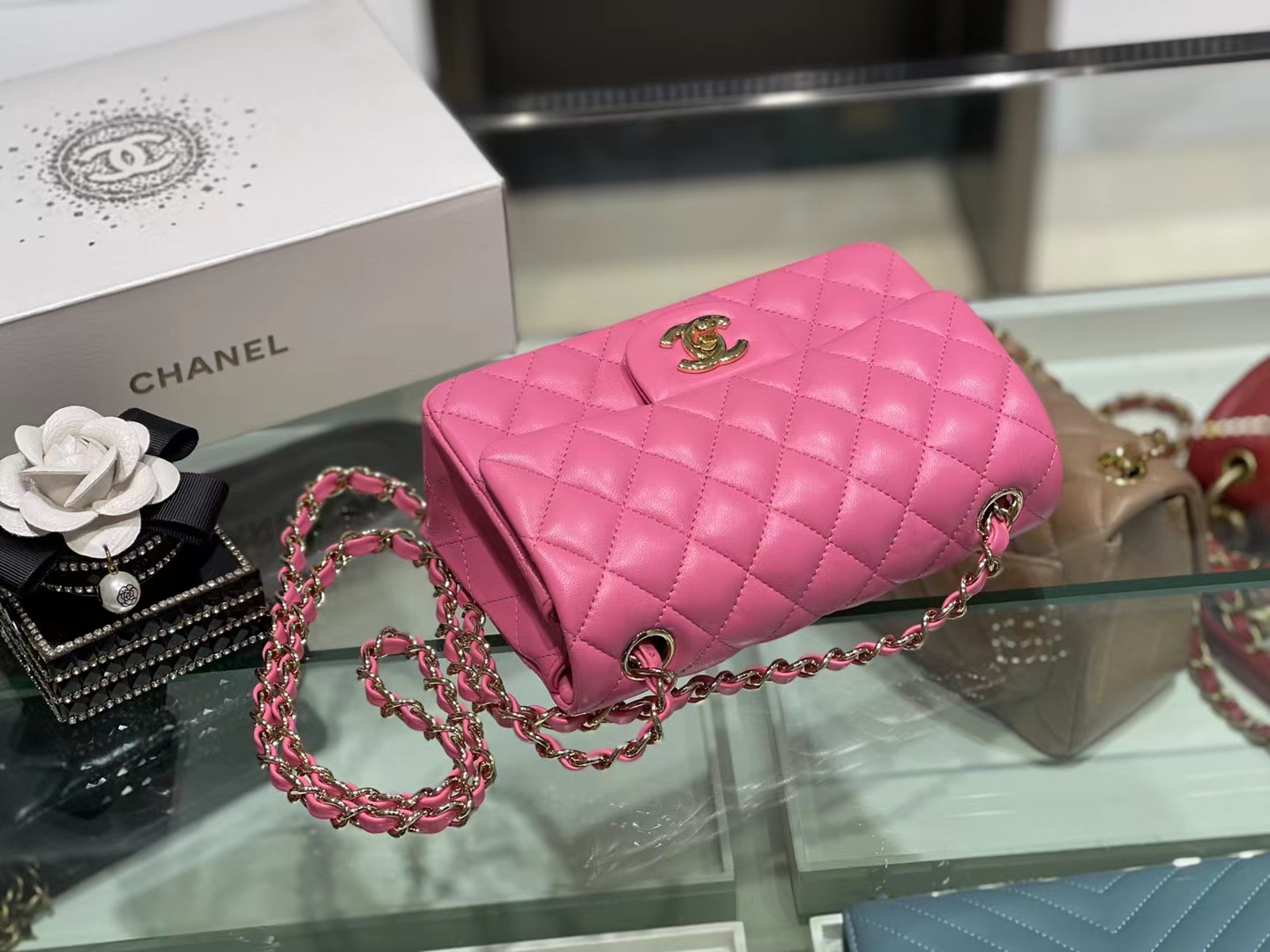 Chanel（香奈儿）Ohanel CF 链条包 玫红色 金链 金扣 20cm