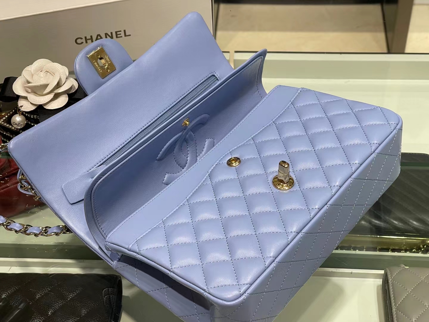 Chanel（香奈儿）Ohanel CF 链条包 粉蓝 金链 金扣 25cm