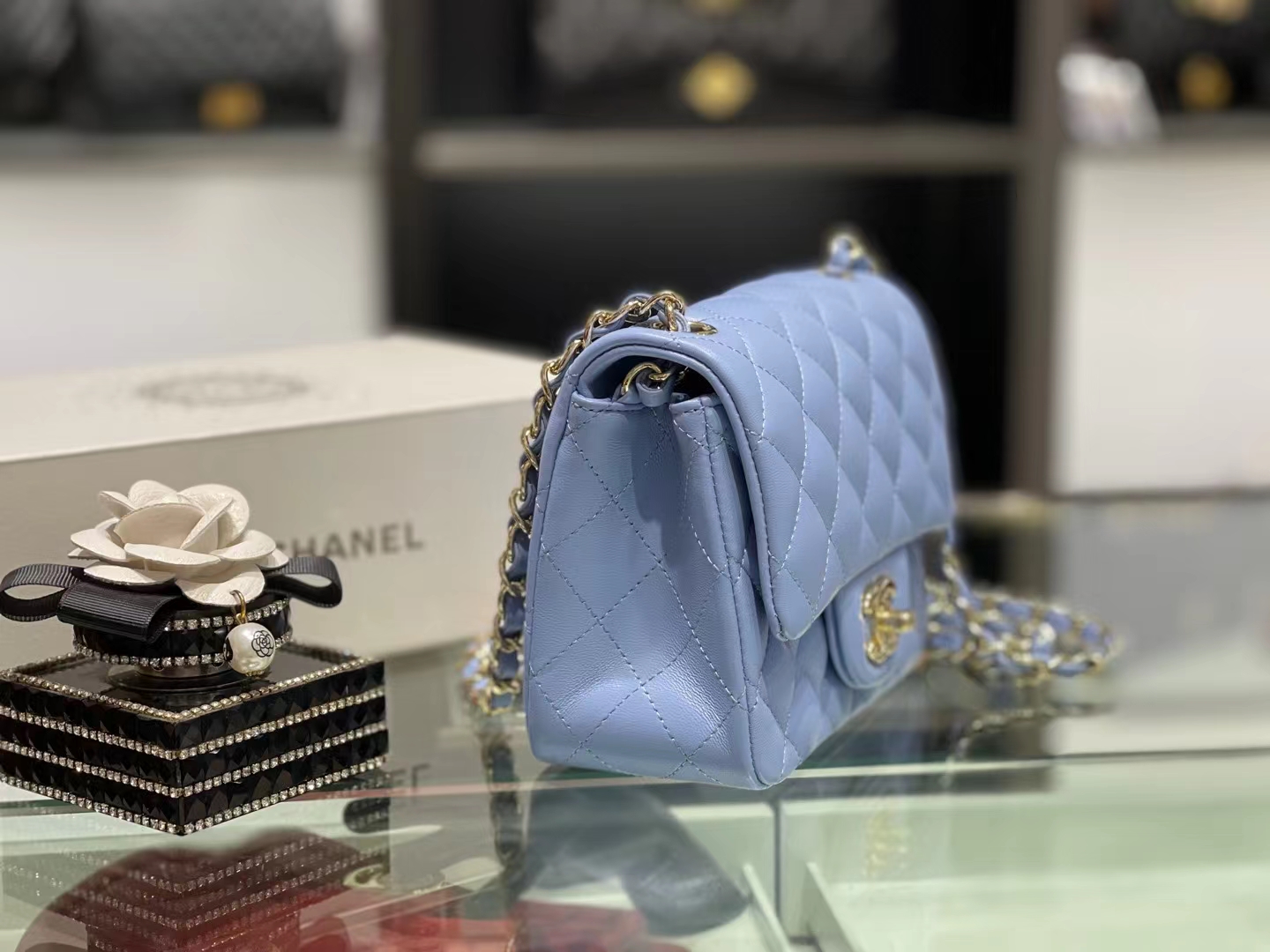 Chanel（香奈儿）Ohanel CF 链条包 粉蓝色 金链 金扣 17cm